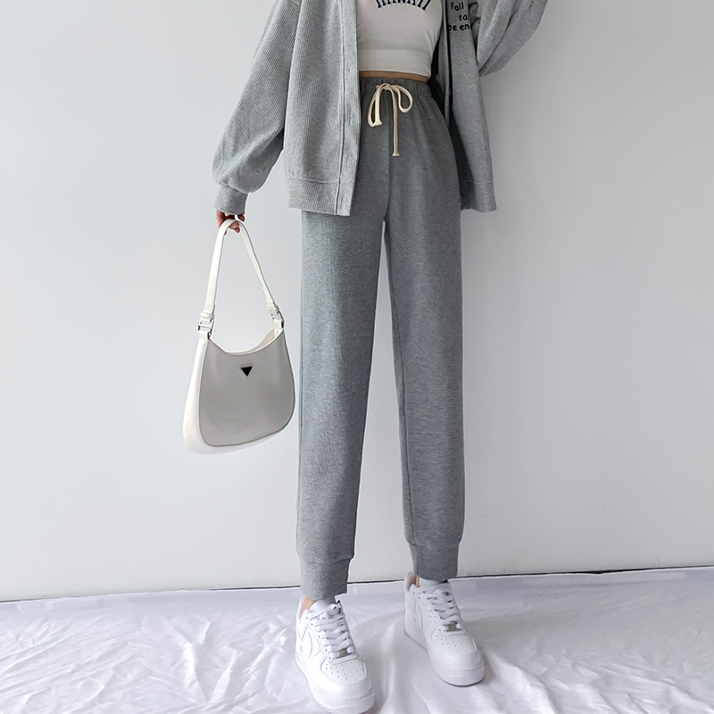 150小个子运动裤女春秋显高九分灰色束脚宽松直筒休闲华夫格卫裤
