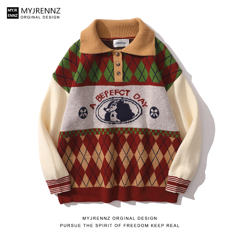 MYJRENNZ日系复古拼色格子POLO衫毛衣男女宽松bf情侣慵懒风针织衫
