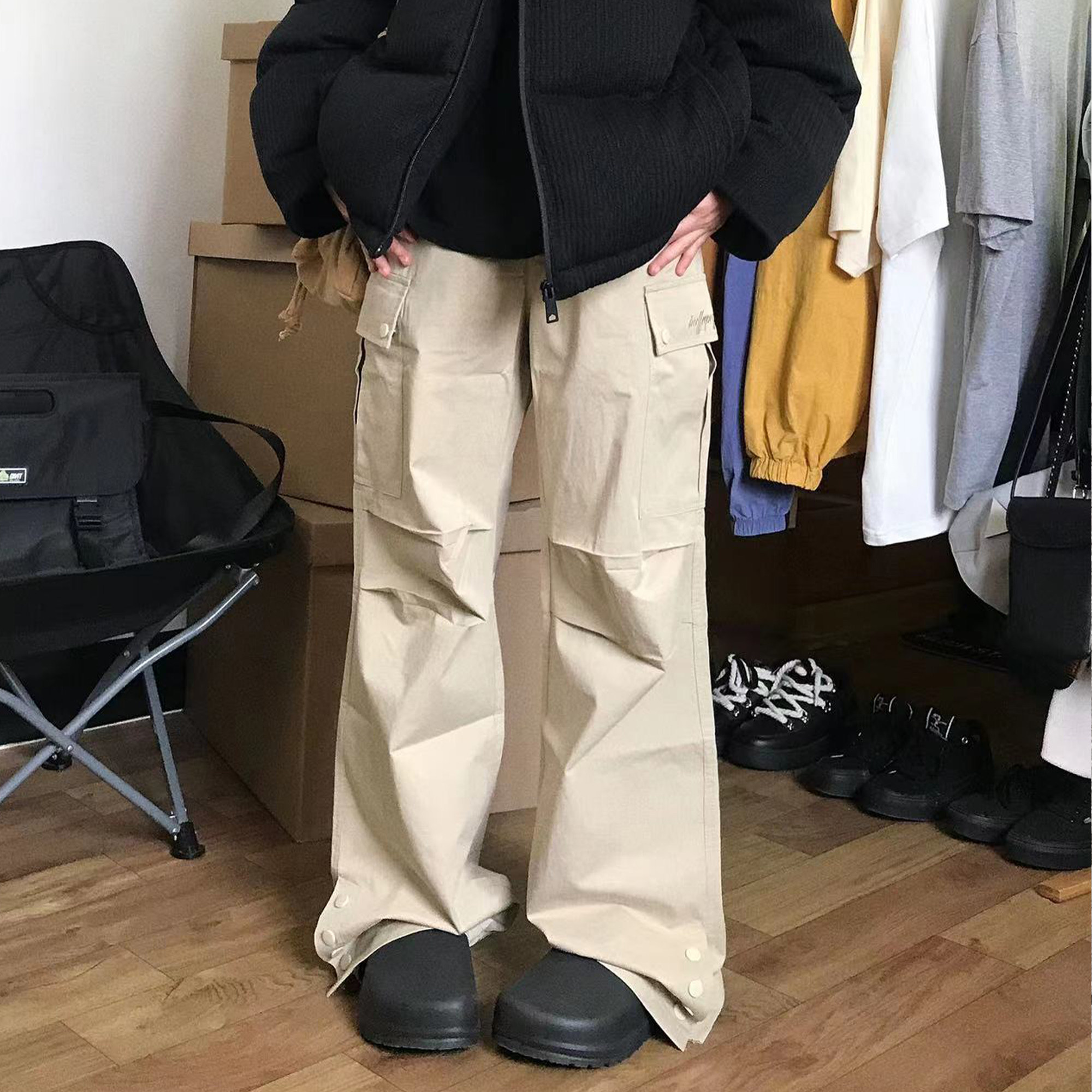 huffnpuff美式秋冬降落伞口袋粉色褶皱工装裤女2022休闲裤