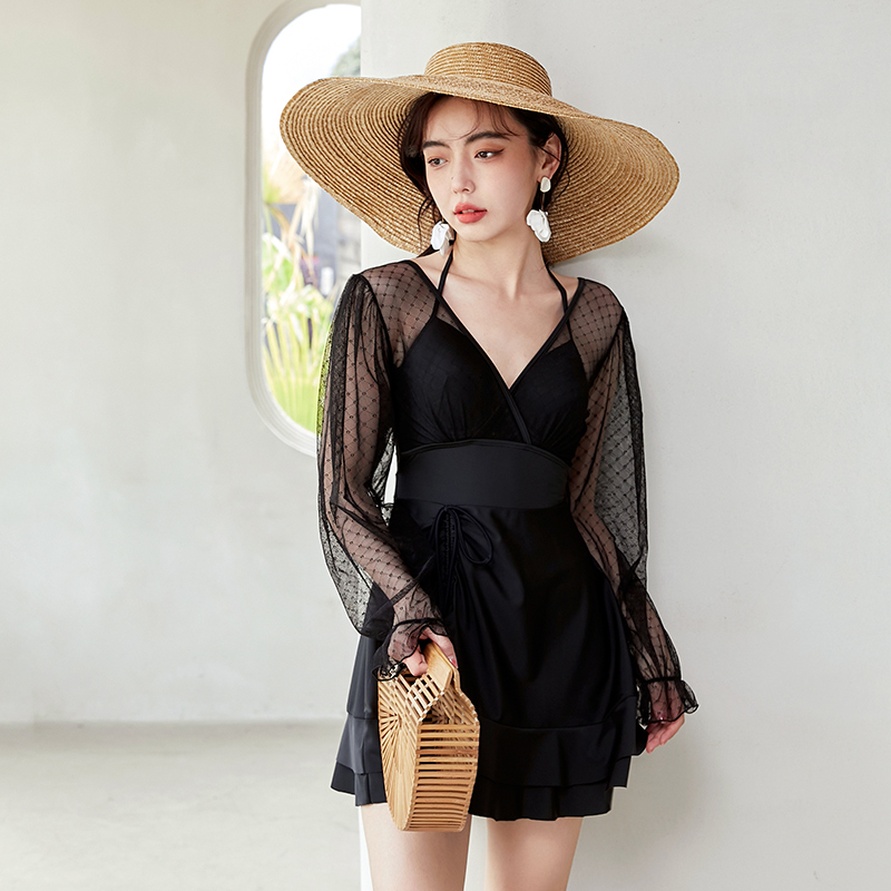 妹妹游泳衣女性性感裙式黑色连体遮肚显瘦钢托连体泳衣