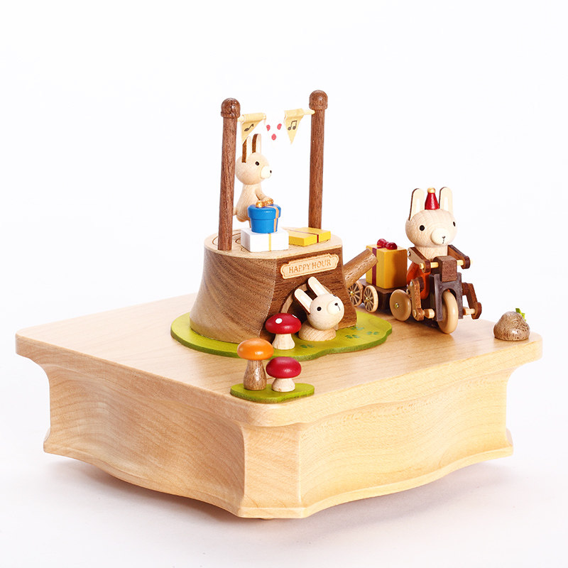 jeancard木质森林动物音乐盒卡通兔子八音盒七夕儿童男女生日礼物