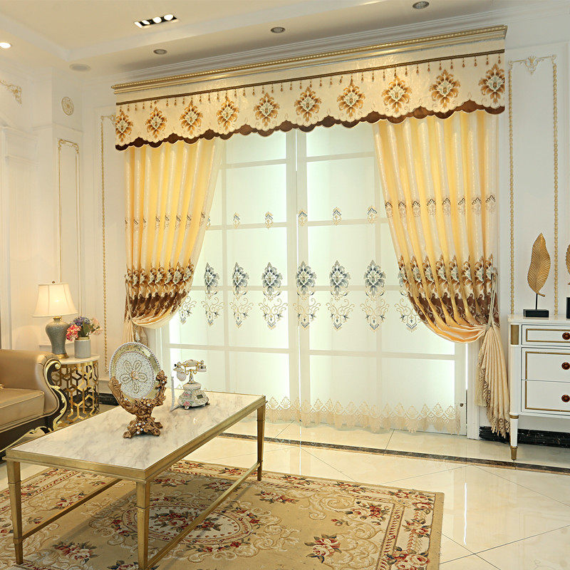 定制加厚欧式高档奢华大气客厅落地遮光窗帘纱帘刺绣花成品布料 - 布