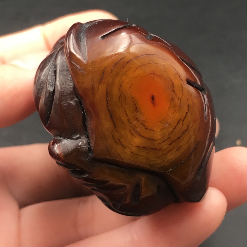 天然西藏赤红老牦牛角手工雕刻如意寿星手把摆件