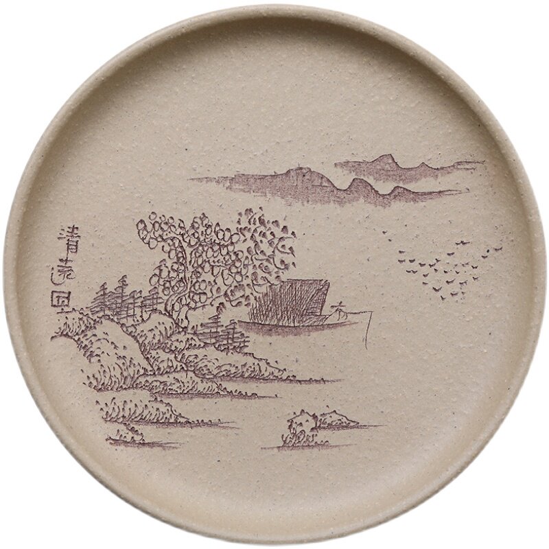 宜兴宜兴紫砂紫砂壶手工刻绘山水茶壶托盘底座蓄水茶托