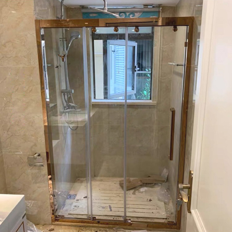 广东卫生间三联动移门淋浴房三趟门浴室玻璃隔断枪灰钛金干湿分离