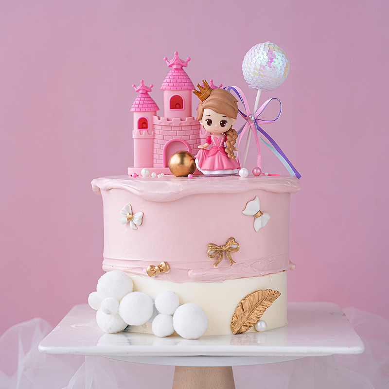 粉色烘焙蛋糕装饰皇冠公主发光城堡摆件可爱女孩节日装扮用品