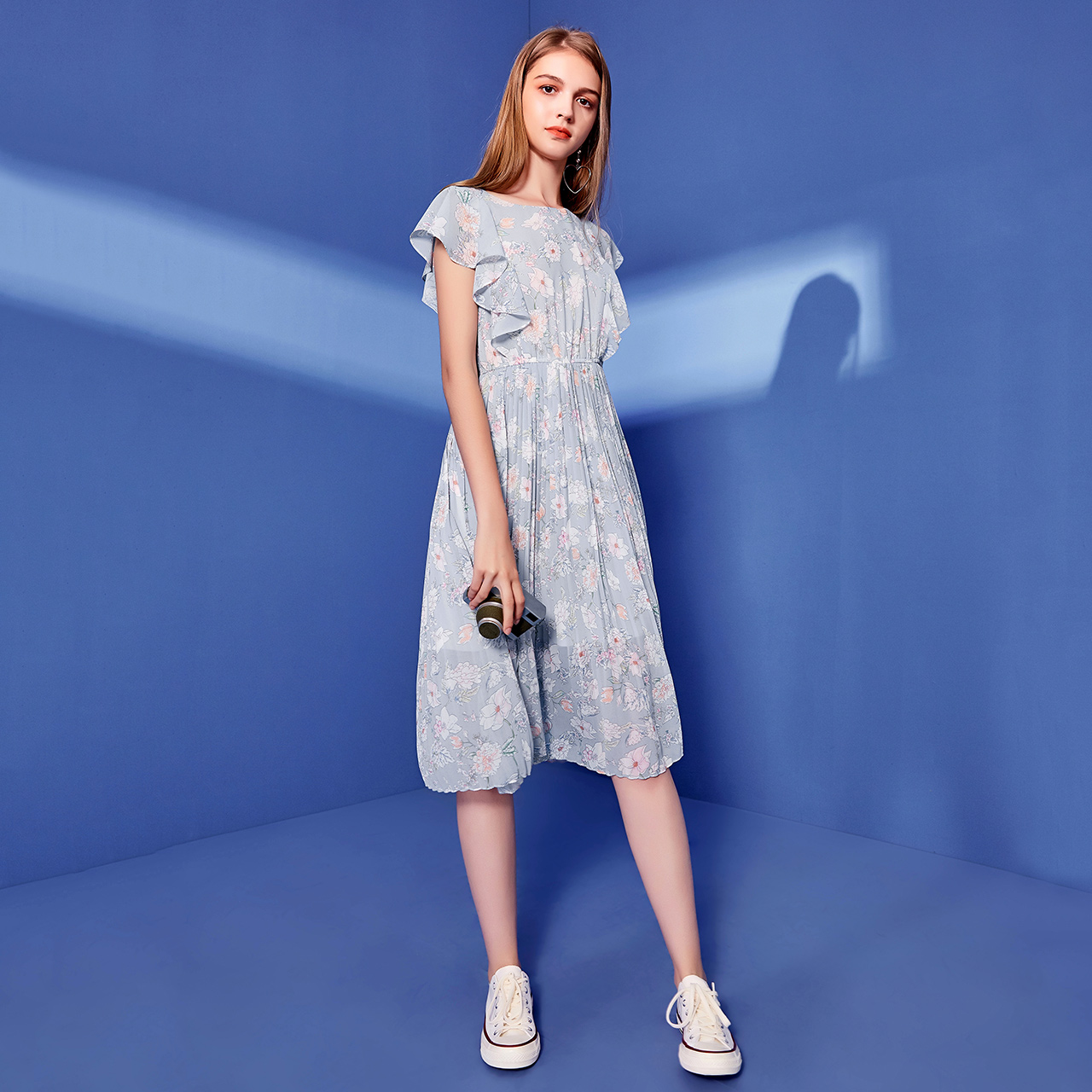 2019夏季新款韩版雪纺连衣裙中长款收腰气质显瘦碎花a字百褶裙女