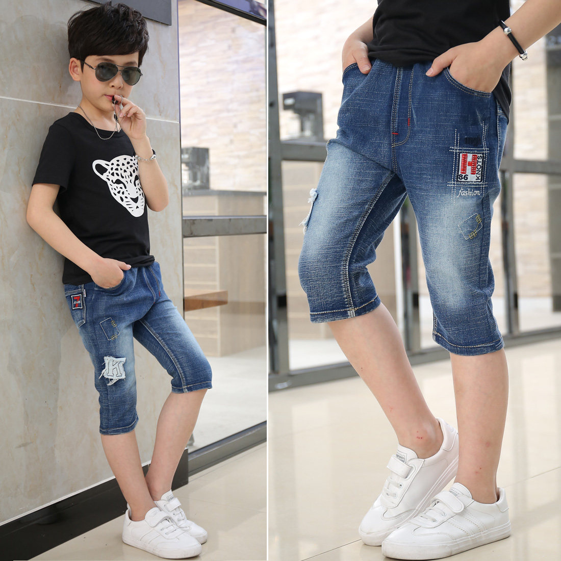 男童牛仔中裤夏薄款蓝色七分裤中大童男孩外穿短裤夏装儿童五分裤