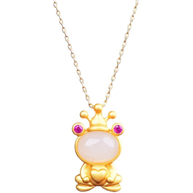 天然和田白玉吊坠s925银饰镶嵌碧玉卡通青蛙项坠