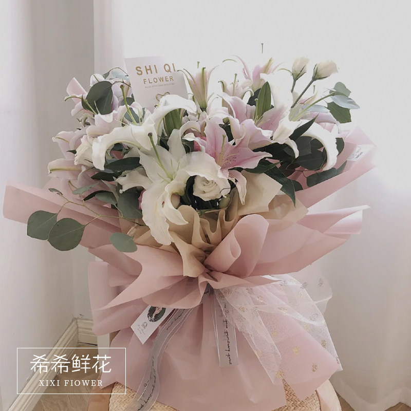 山东鲜花速递同城百合花束韩式礼盒抱桶手提花篮生日情人节配送