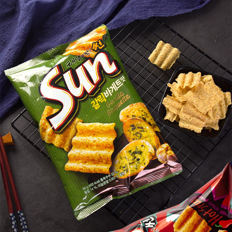 好丽友韩国sun太阳玉米片80g蒜香辣味大波波浪膨化食品
