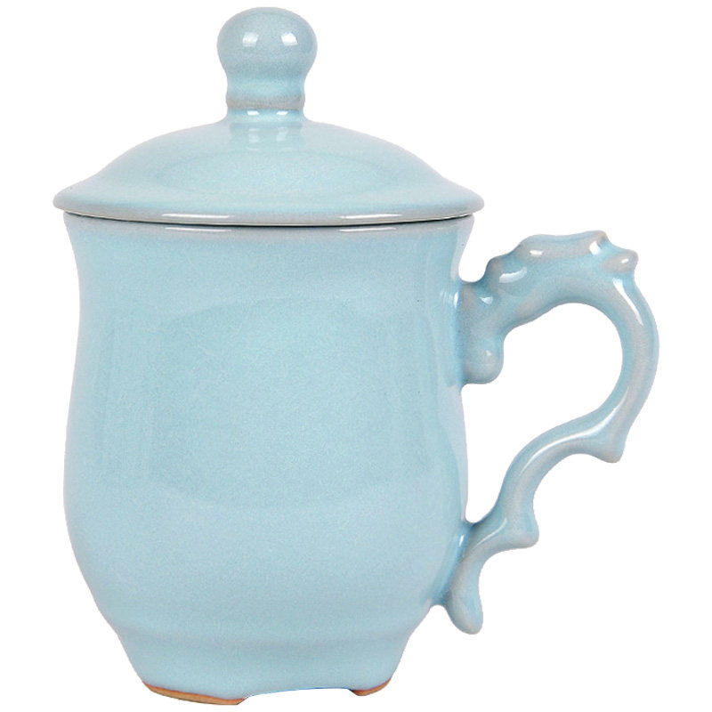 汝窑汝瓷茶杯陶瓷水杯带盖龙头杯中中式马克茶杯