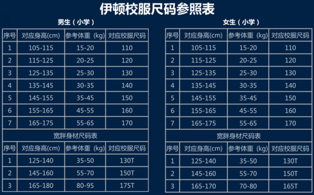 学生校服尺码对照表图片