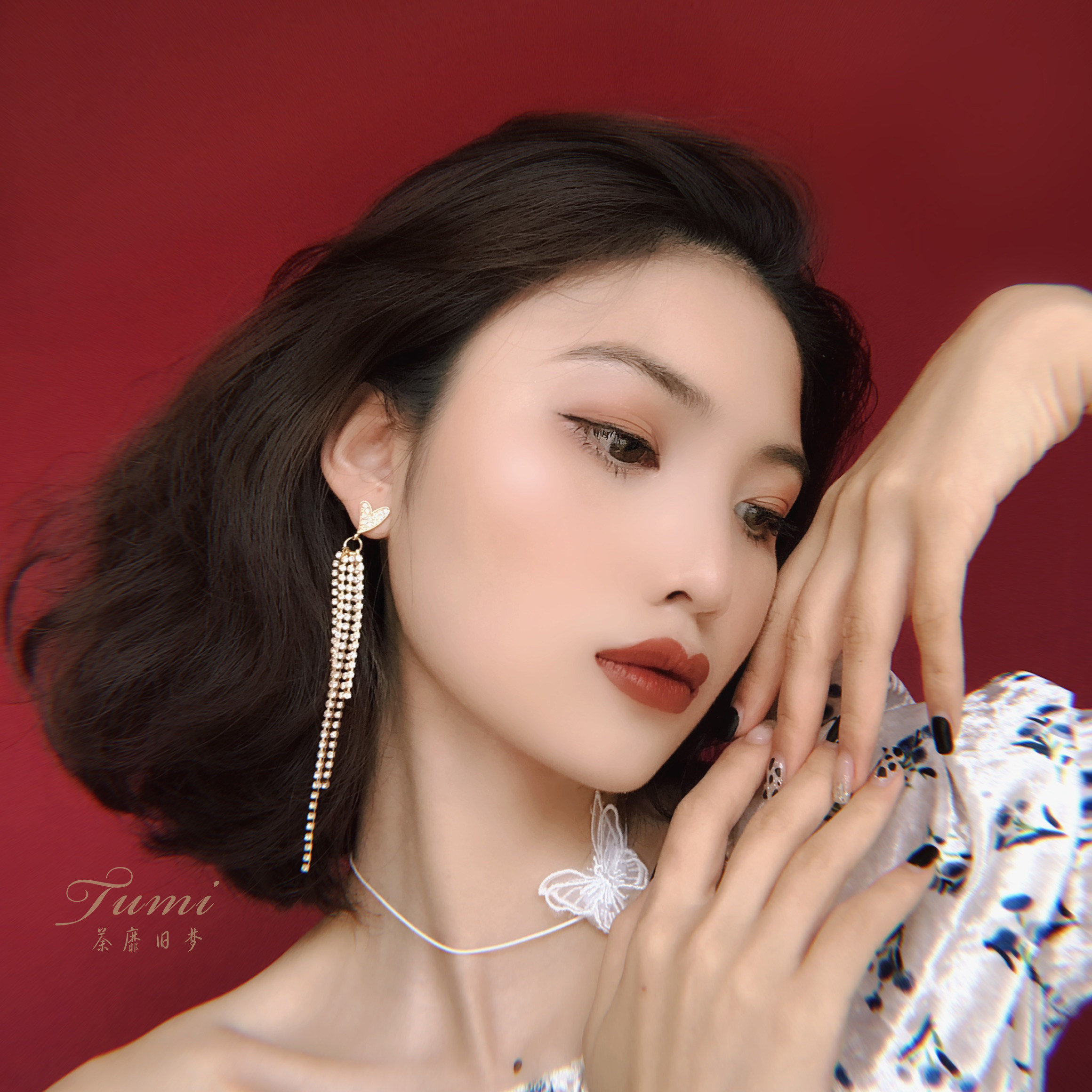 荼蘼旧梦韩式气质不对称闪钻爱心流苏可爱仙女耳环