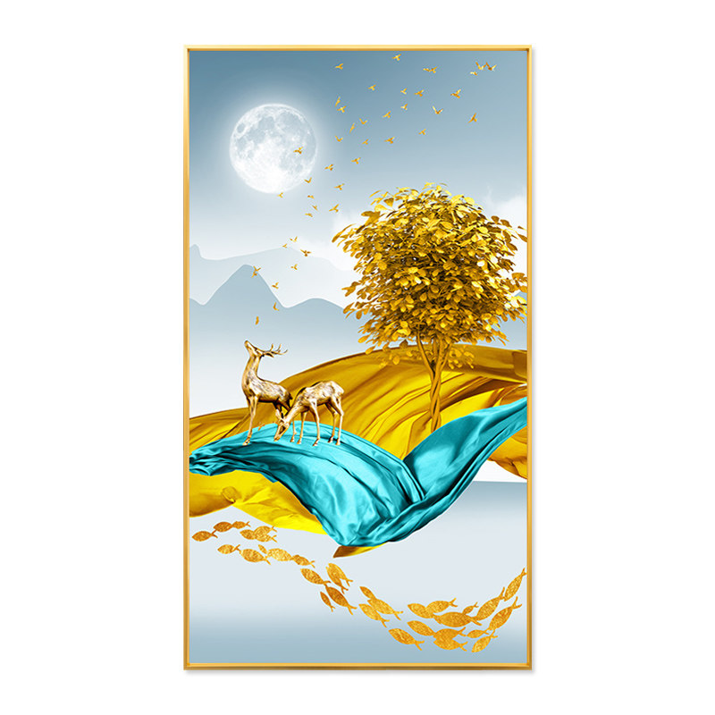 盈浩入户玄关装饰画寓意意好金鹿迎福招财简约现代装饰画