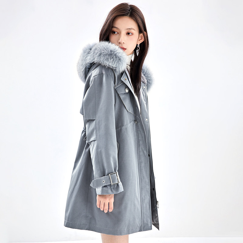 凡兔狐狸毛领抽绳收腰派克服2021秋冬新款仿兔毛保暖连帽外套女