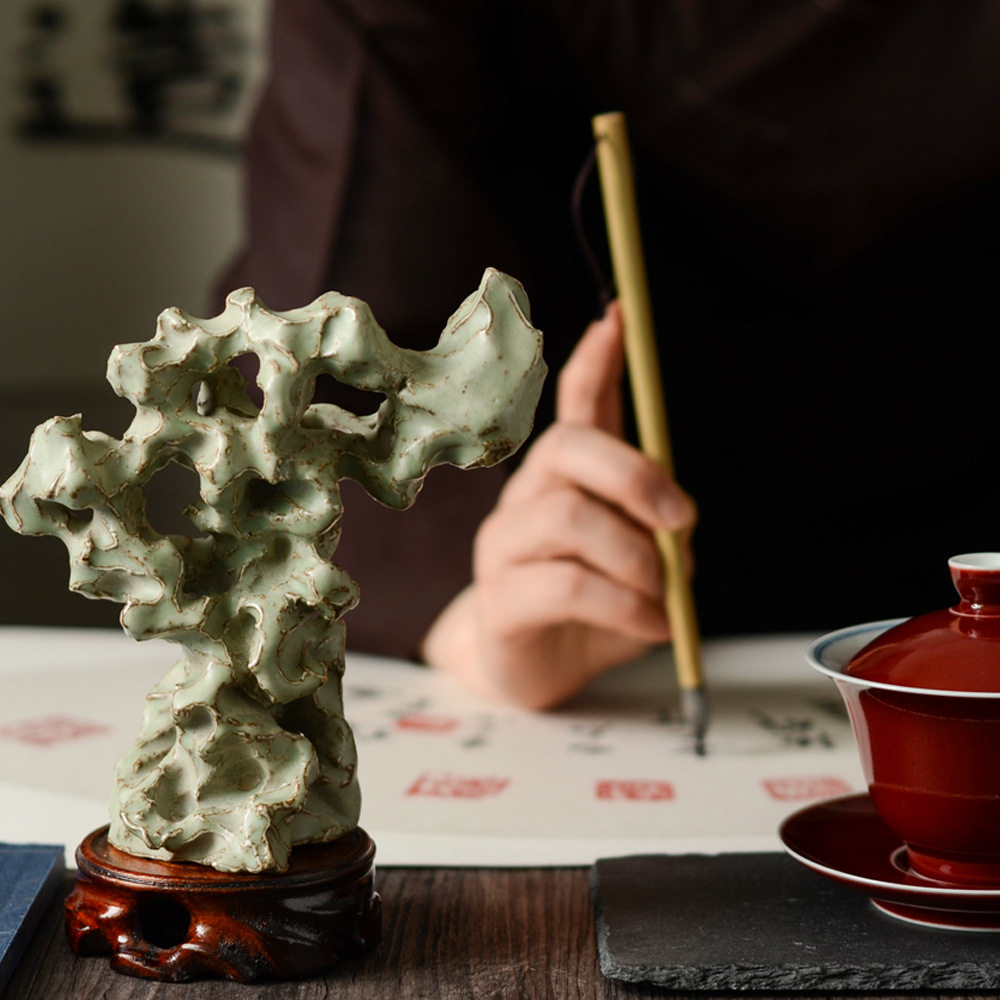 茶道摆件粗陶手工青瓷陶瓷太湖石头案头山玄关摆件