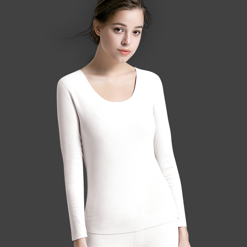 花花公子纯白色秋衣女加绒加厚长袖保暖上衣修身德绒发热内衣冬季