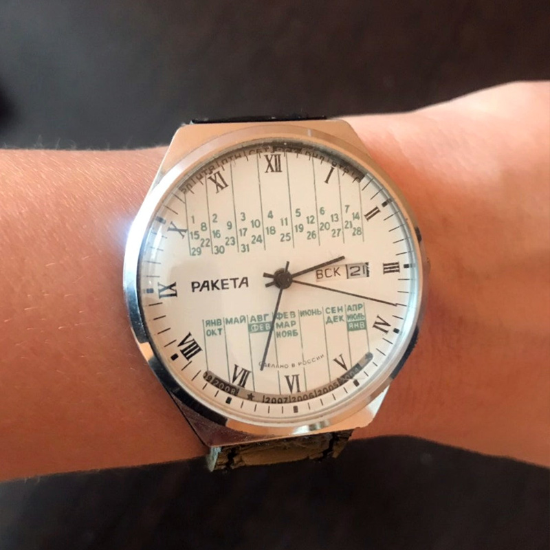 苏联库存老表火箭万年历手动机械手表PAKETA经典复古休闲男表皮带
