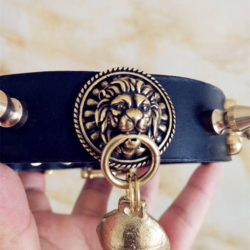 牛皮狗项圈黄铜刺钉防咬纯手工定做狮头铃铛法斗恶霸金毛拉布拉多