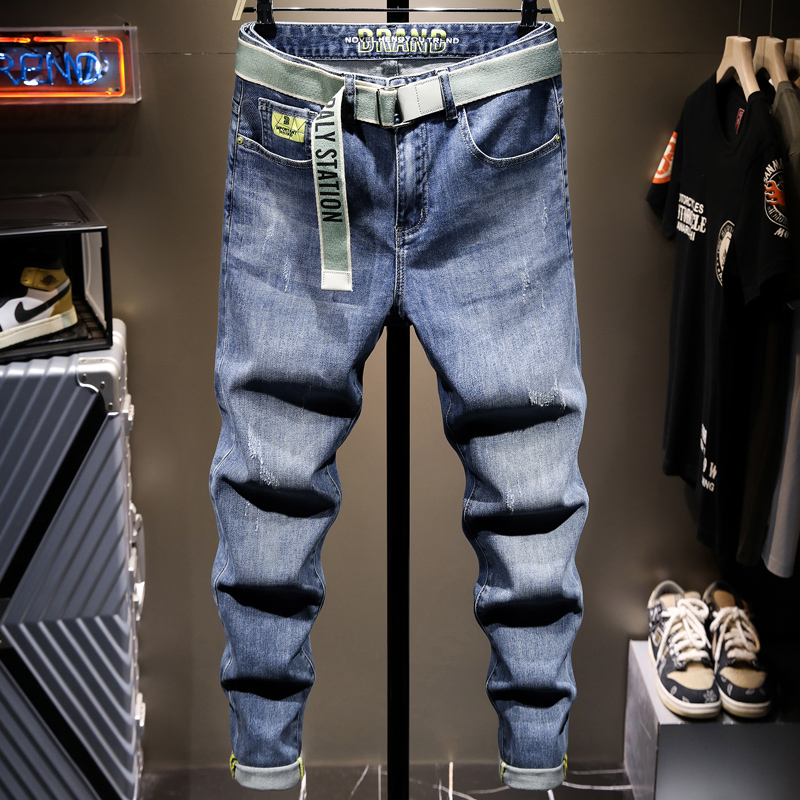 春夏款浅色潮牌高档牛仔裤男直筒破洞男士韩版潮流长裤子显瘦修身