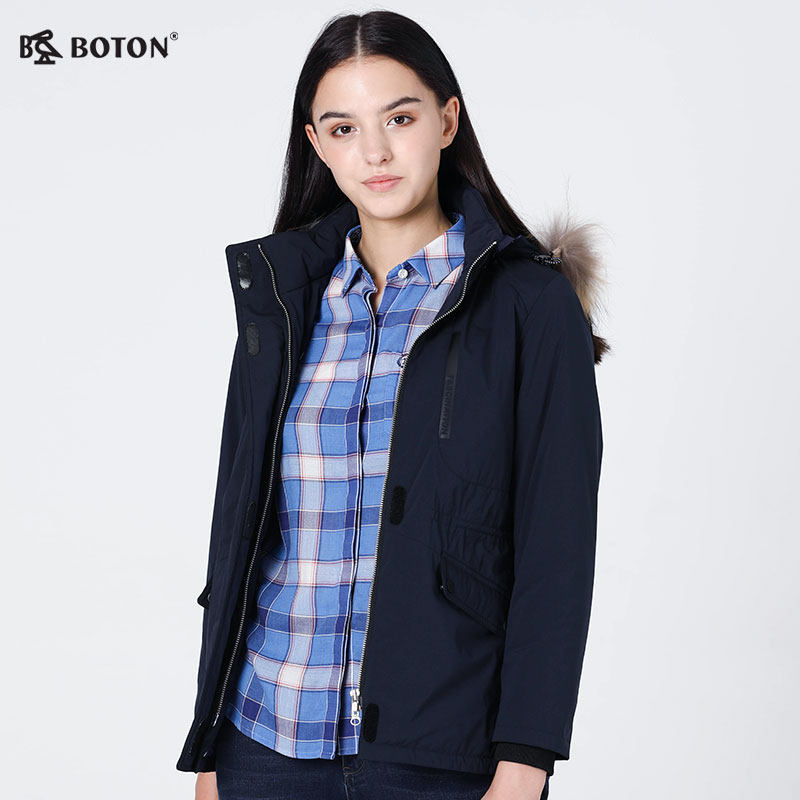 波顿2020年冬季新款女装中长棉衣棉褛拉链毛领棉衣