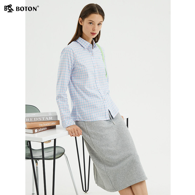 波顿衬衣女粉蓝格子女装2022新款气质清新新格衬衫