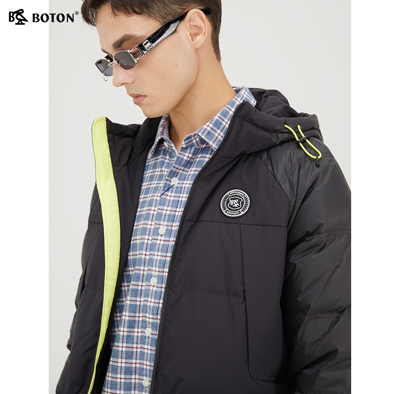 波顿羽绒服男士2021年新款中长款白鸭绒潮牌撞色羽绒服