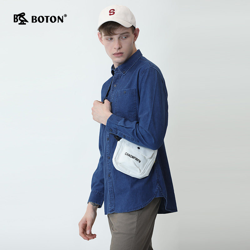 波顿牛仔衬衫男士长袖2022年春秋季新款纯色衬衫