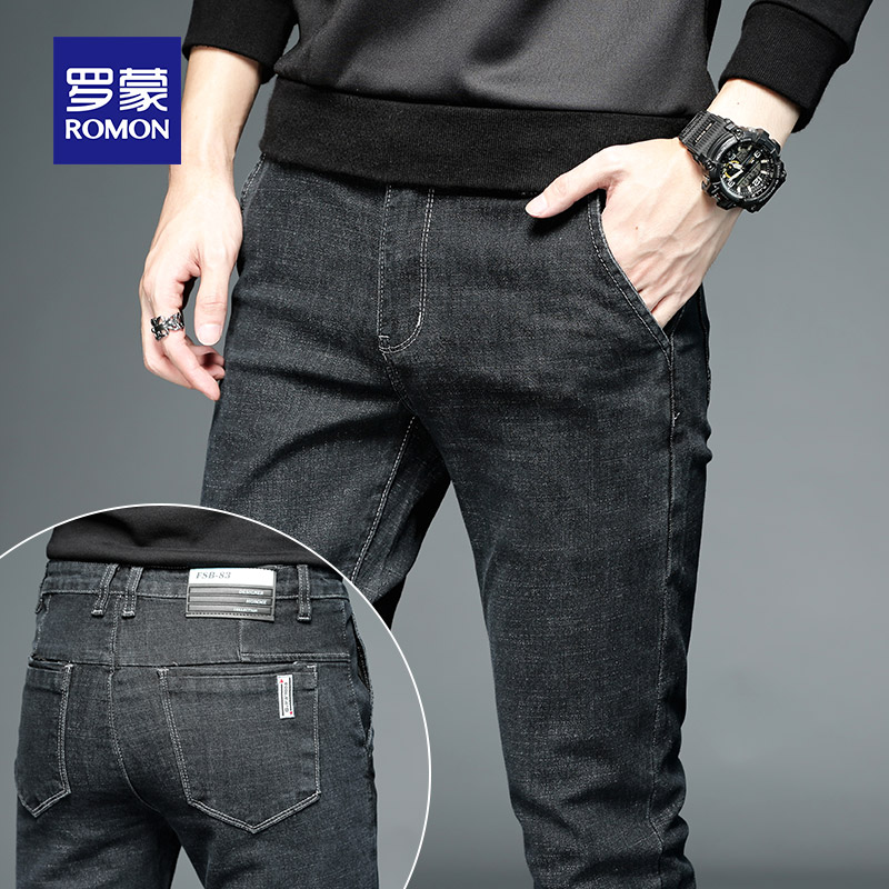 罗蒙2021年牛仔裤男修身潮流小脚男裤冬季新款时尚长裤男士休闲裤