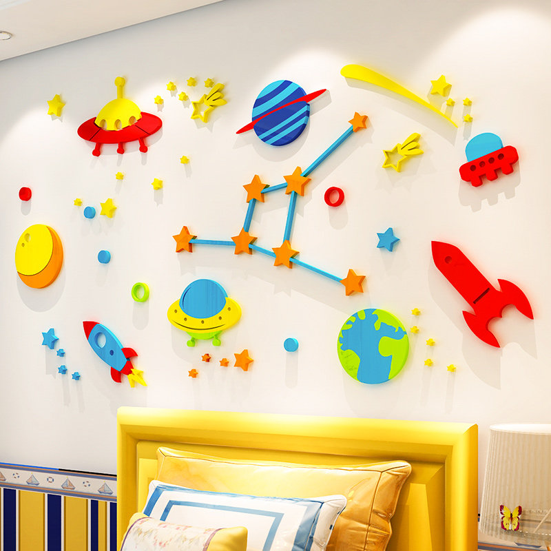 卡通宇宙太空星星墙贴画纸儿童房间布置幼儿园墙贴