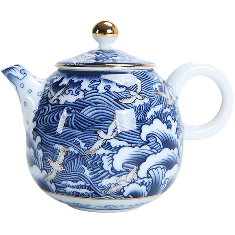 茶壶海浪浪奔翔小瓷壶青花瓷陶瓷功夫功夫茶茶具茶壶