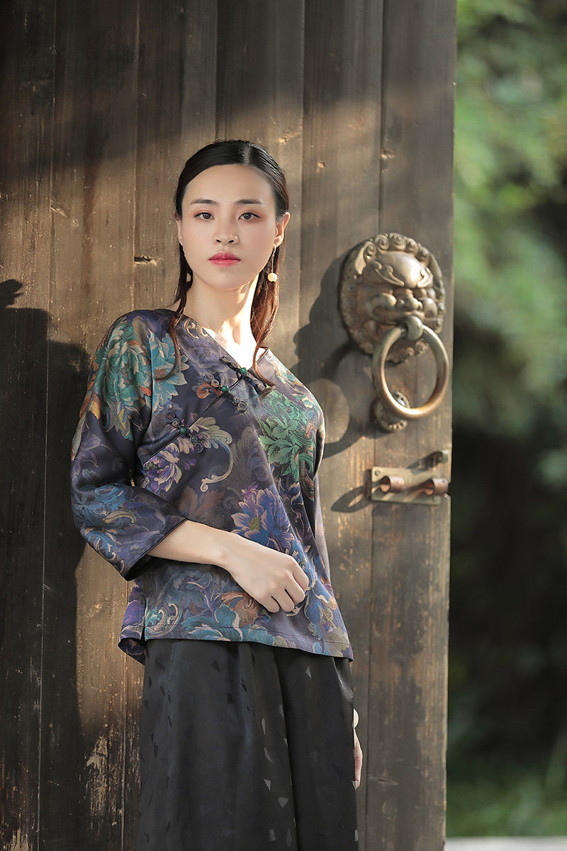 福利价998元曦涵玥定制 32姆米重锻香云纱连身袖上衣【紫仙】