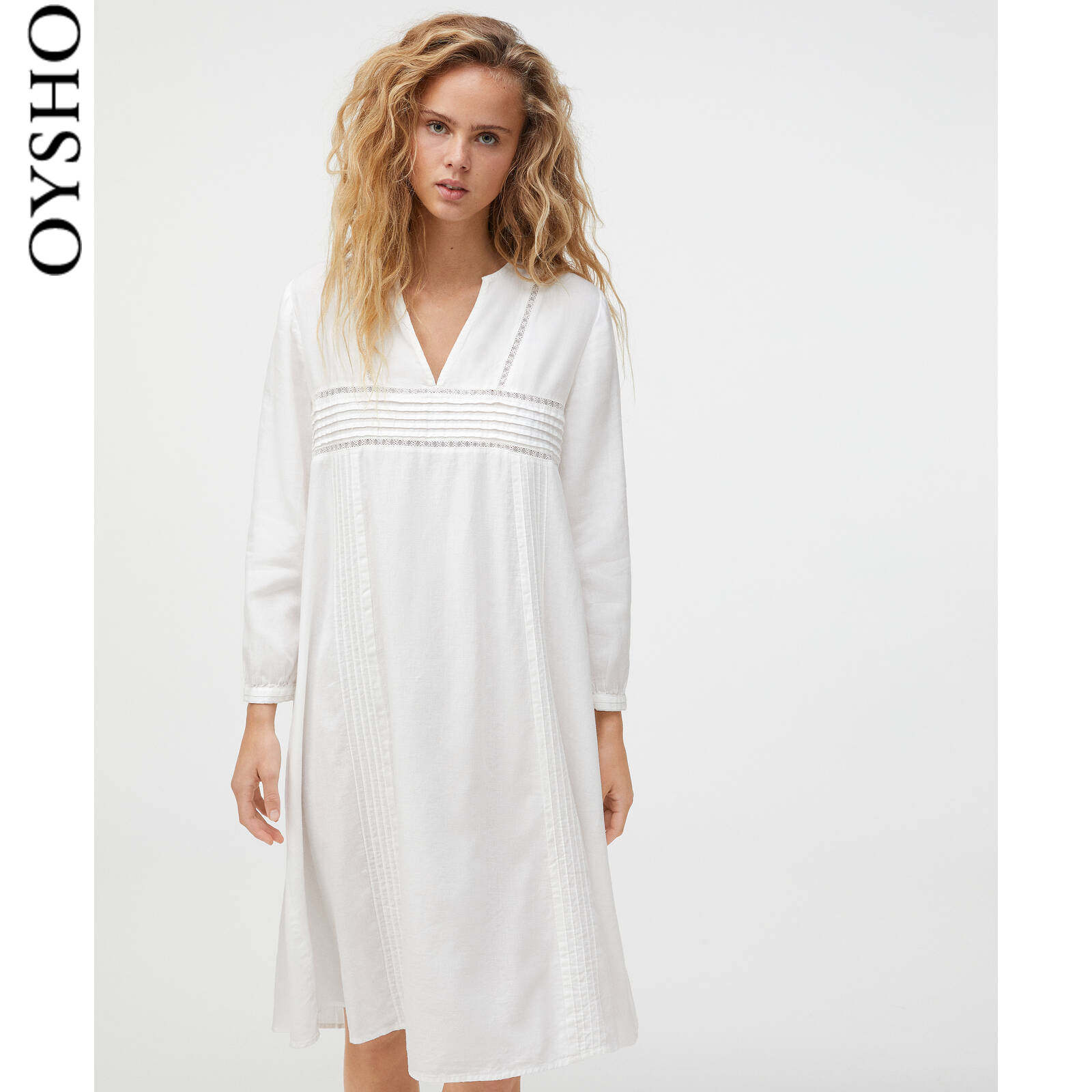 秋冬折扣oysho棉质刺绣长袖睡衣睡裙女中中长睡裙