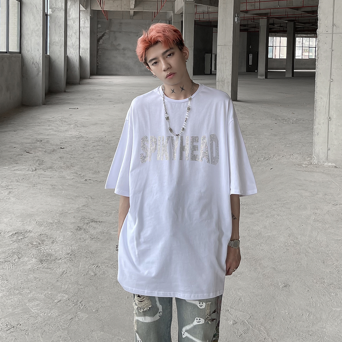 MRNEARLY欧美高街复古重工烫钻短袖T恤男潮牌ins潮流宽松情侣上衣