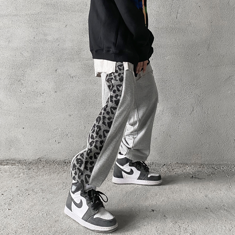 MRNEARLY侧边豹纹拼接运动ins束脚卫裤男休闲小众设计感长裤潮