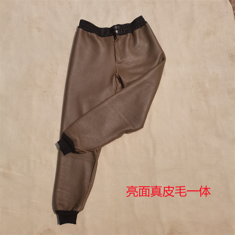 亮面真皮毛一体羊剪绒棉裤羊毛内胆冬季男女抗寒高腰皮裤