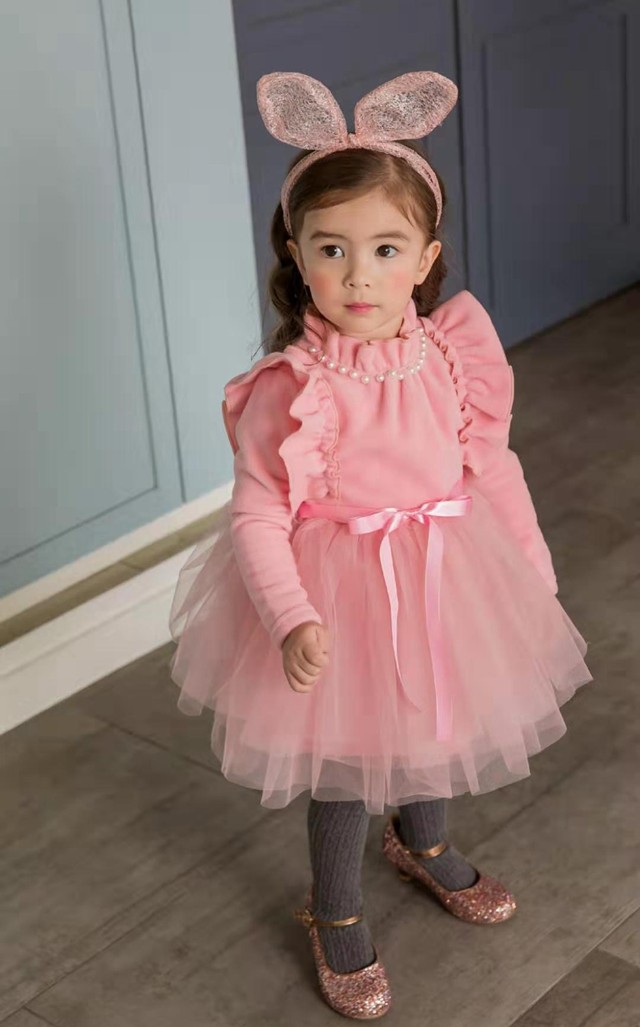 女童加绒连衣裙韩国童装babydoll2019冬季宝宝珍珠飞袖连衣裙