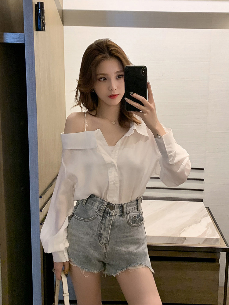 长袖雪纺衬衫女春主播性感小衫一字露肩吊带衬衫