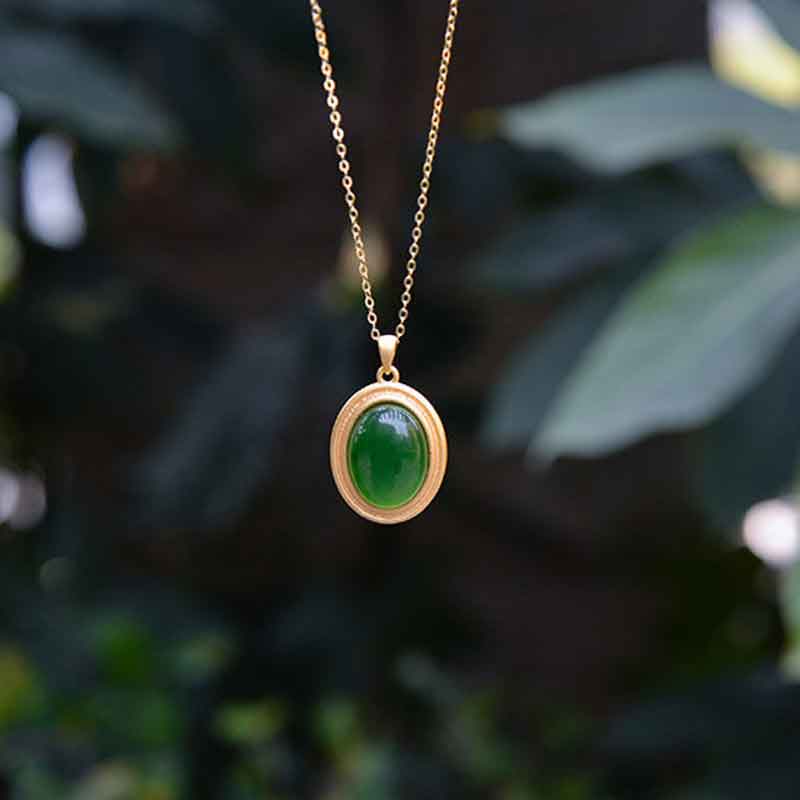 天然和田玉碧玉色吊坠s925纯银镶嵌白玉椭圆形项链简约气质复古女