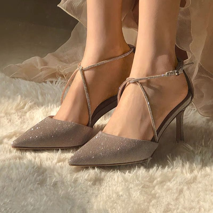 水钻高跟鞋2022年春新款一字式扣带细尖头仙女罗马凉鞋
