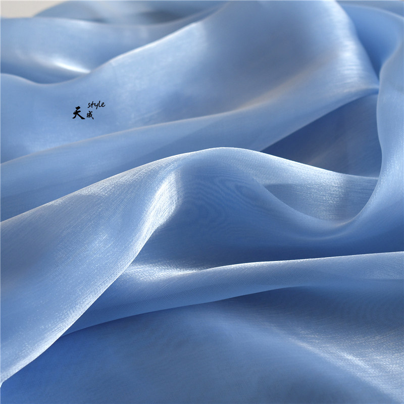 蓝色水晶丝光金属绸缎光泽欧根纱布布料高定礼服海绵垫