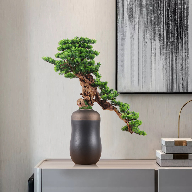 新中式会所绿植样板房工艺品别墅酒店摆件迎客松仿真仿真植物盆景