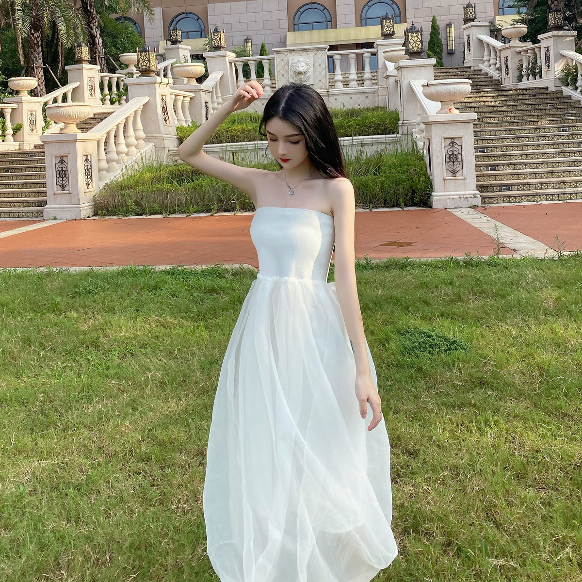 甜酷皆可可穿人鱼同款白色抹胸连衣裙夏网纱仙女连衣裙