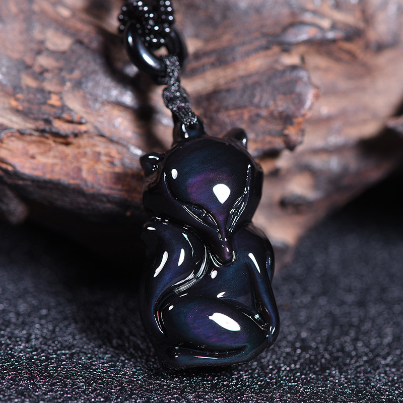 开光天然彩虹眼黑曜石狐狸吊坠狐仙项链情侣项坠