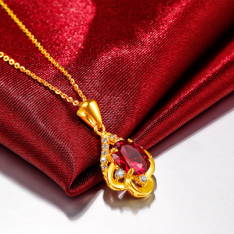 黄金吊坠999足金镶石榴石红色宝石金项链女挂坠金首饰项坠锁骨链