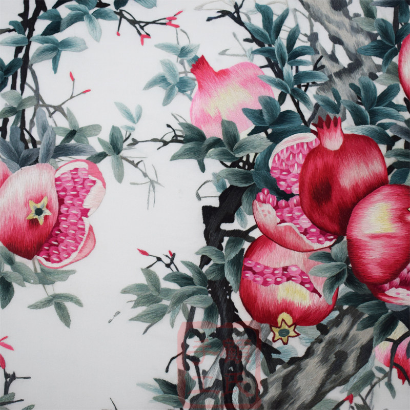 石榴顾氏苏绣花鸟丝新中式客厅餐厅挂画刺绣苏绣