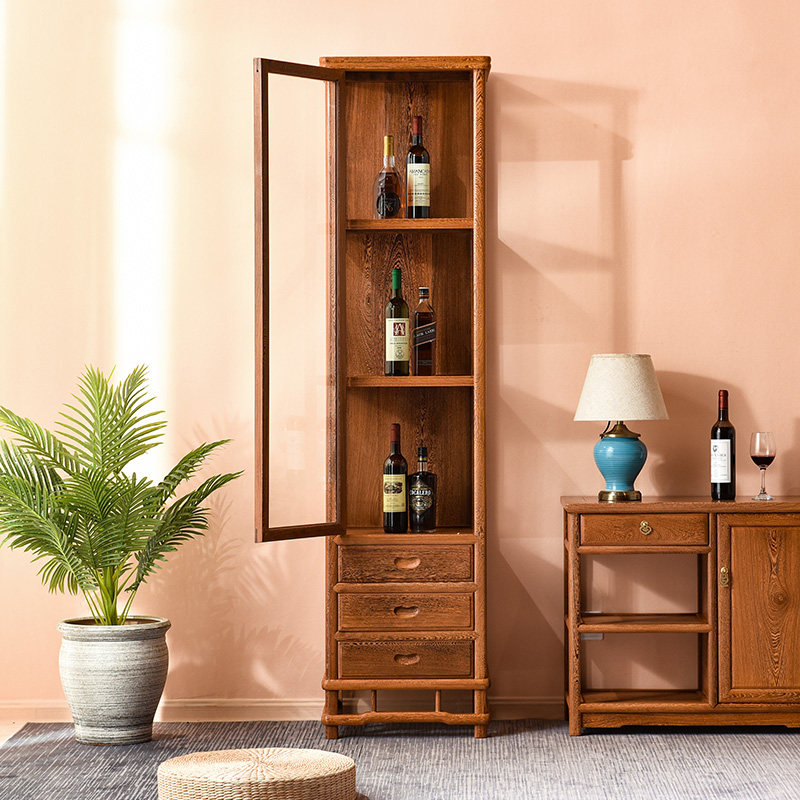 红木家具家用客厅落地鸡翅木单门酒柜中式实木展示柜酒柜