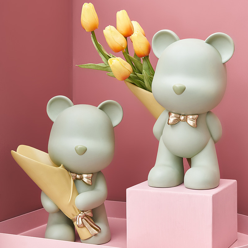 小熊抱花摆件家居饰品电视柜餐桌房间卧室卡通客厅网红捧花熊装饰