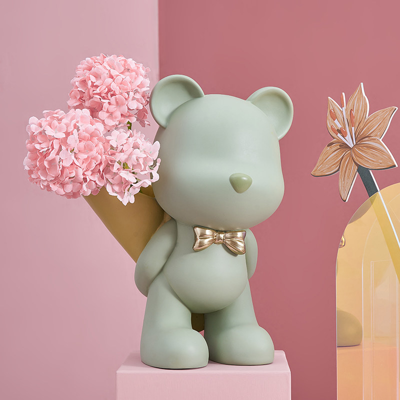小熊抱花摆件家居饰品电视柜餐桌房间卧室卡通客厅网红捧花熊装饰